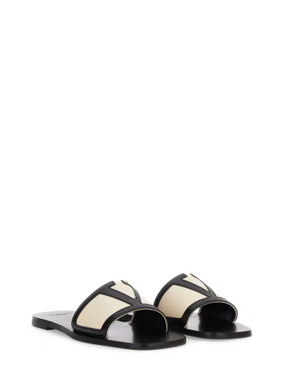 Valentino Butter White And Black Synthetic Slides With Wide Strap In Black