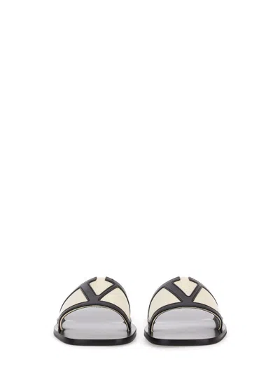 Valentino Butter White And Black Synthetic Slides With Wide Strap In Black