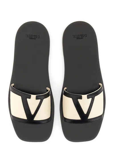 Valentino Butter White And Black Synthetic Slides With Wide Strap In Black