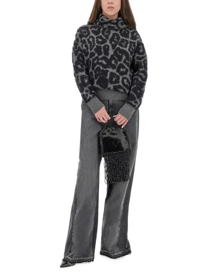 Stella Mccartney Leopard Print Turtleneck Sweater In Wool In Gray