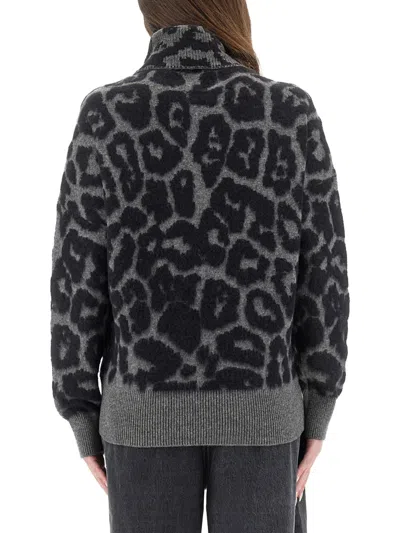 Stella Mccartney Leopard Print Turtleneck Sweater In Wool In Gray