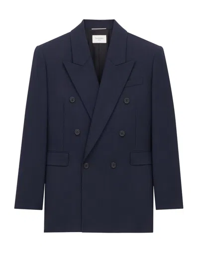 Saint Laurent Wool Tuxedo Jacket In Blue