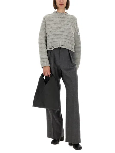 Mm6 Maison Margiela Mm6 By Maison Margiela Cropped Grey Sweater With Ribbed Knit In Gray