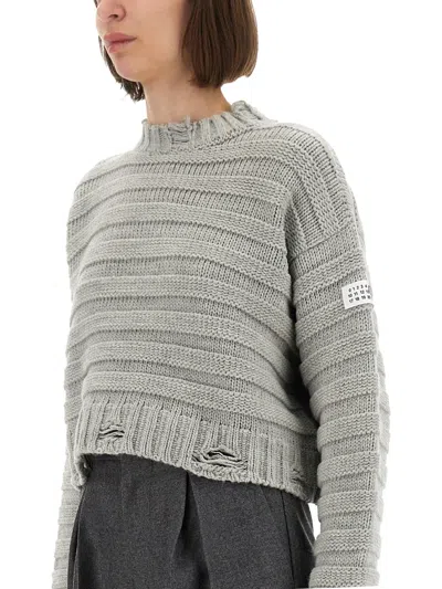 Mm6 Maison Margiela Mm6 By Maison Margiela Cropped Grey Sweater With Ribbed Knit In Gray