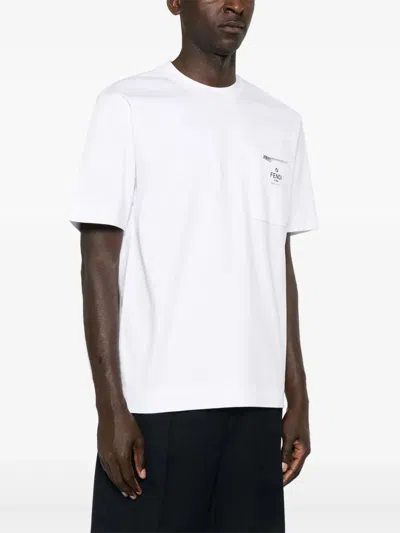 Fendi Men White Crewneck T-shirt With Log Print On The Front In Cotton Man