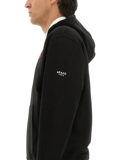 Kenzo Black Cotton Sweatshirt With Zip And Printed Flower  In Black