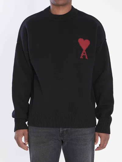 Ami Alexandre Mattiussi Relaxed Fit Black Wool Turtleneck Sweater With Graphic Heart Motif In Black