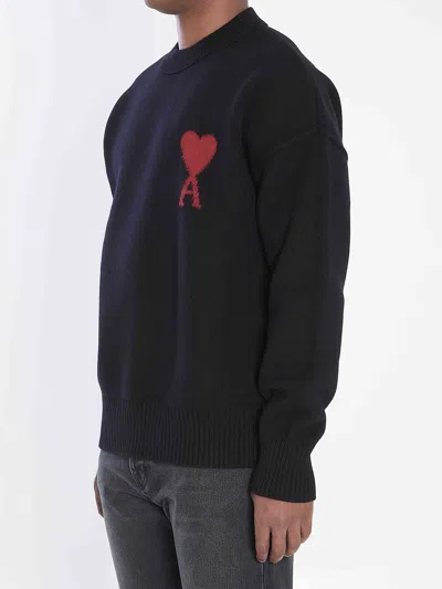 Ami Alexandre Mattiussi Relaxed Fit Black Wool Turtleneck Sweater With Graphic Heart Motif In Black