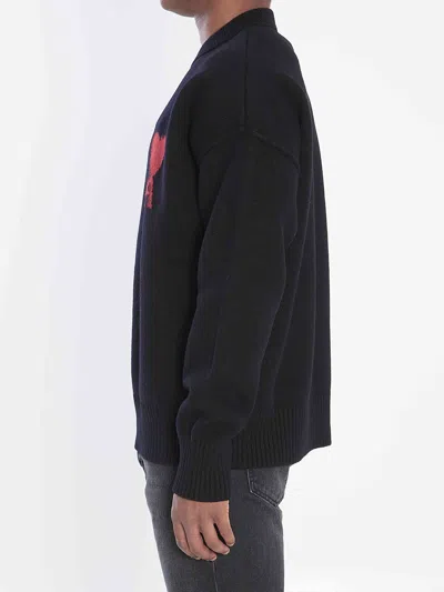 Ami Alexandre Mattiussi Relaxed Fit Black Wool Turtleneck Sweater With Graphic Heart Motif In Black