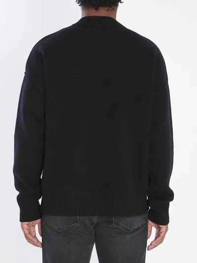 Ami Alexandre Mattiussi Relaxed Fit Black Wool Turtleneck Sweater With Graphic Heart Motif In Black