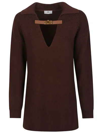 Elisabetta Franchi Sweater In Mixed Wool With A Jewel Strap In Brown