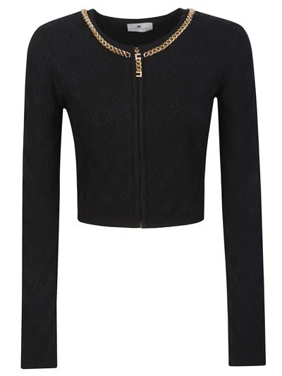 Elisabetta Franchi Diamond Knit Cardigan With Black Jewel Detail In Black
