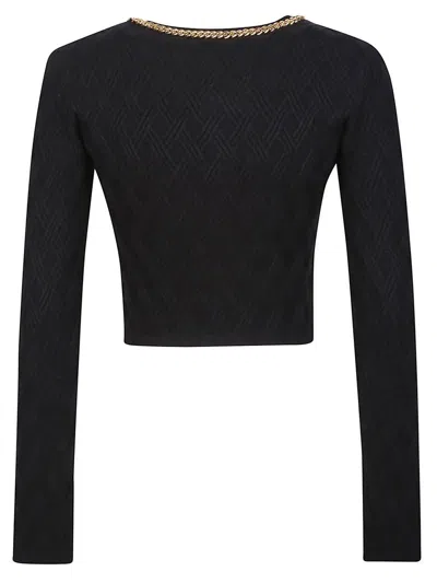 Elisabetta Franchi Diamond Knit Cardigan With Black Jewel Detail In Black