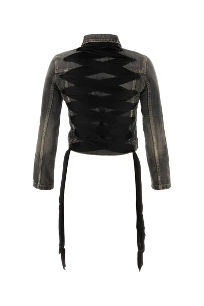 Balenciaga Dark Grey Denim Jacket With Laces Women In Gray