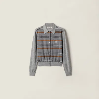 Miu Miu Striped Buttoned Wool Cardigan In Gray