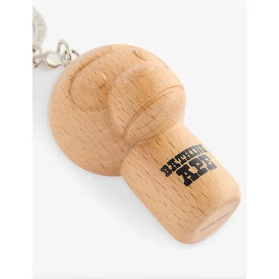 A Bathing Ape Mens Beige Doll Wood Key Ring In Brown
