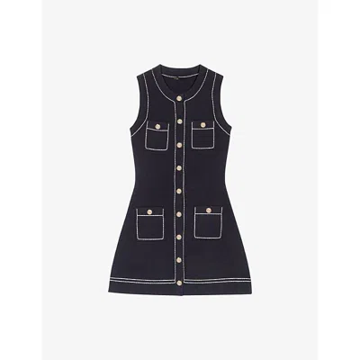Maje Womens Navy Topstitched Patch-pocket Cotton-blend Mini Dress In Blue