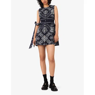 Maje Womens Navy Bandana Print Bandana-print Button-embellished Woven Mini Dress In Blue