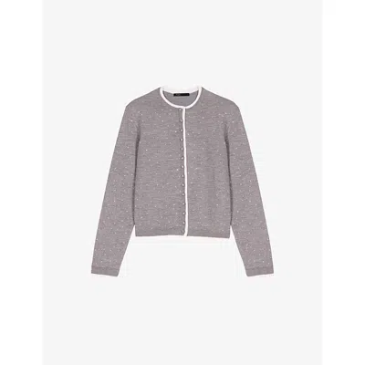 Maje Womens Grey Rhinestone-embellished Contrast-trim Stretch Wool-blend Cardigan In Gray