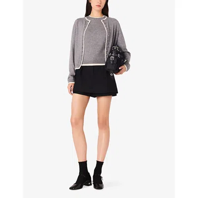 Maje Womens Grey Rhinestone-embellished Contrast-trim Stretch Wool-blend Cardigan In Gray