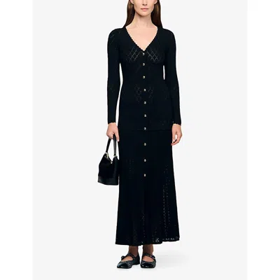 Sandro Womens Black Long-sleeve Flared Open-knit Maxi Dress