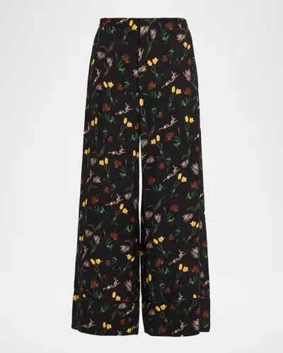 Marni Floral-print Wide-leg Trousers In Black