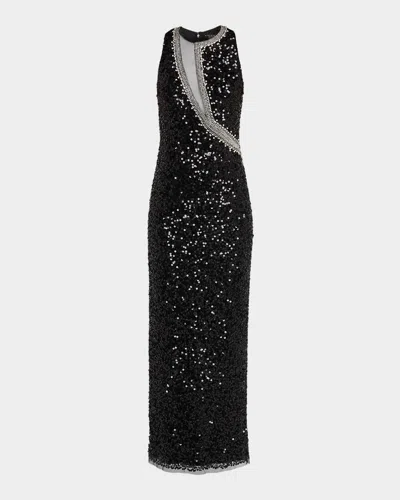Aidan Mattox Bead-trim Sequin Column Gown In Black