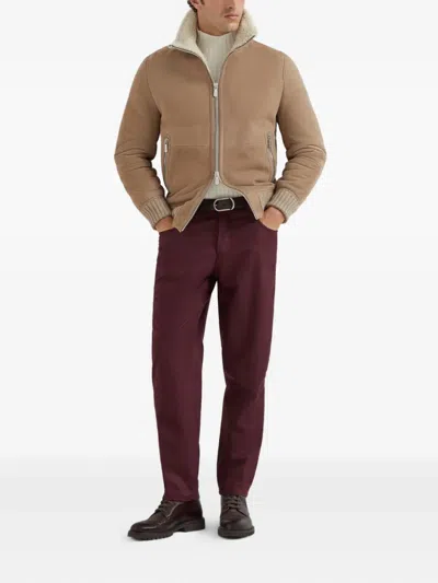 Brunello Cucinelli Suede Curly Shearling Bomber Jacket With Cashmere Knit Collar In Brown