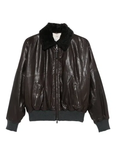 Brunello Cucinelli Leather Jacket With Shearling Collar In Brown