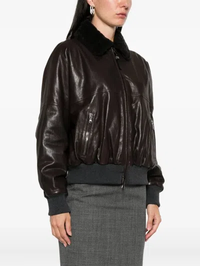 Brunello Cucinelli Leather Jacket With Shearling Collar In Brown