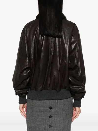 Brunello Cucinelli Leather Jacket With Shearling Collar In Brown