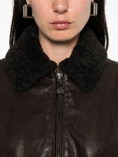 Brunello Cucinelli Leather Jacket With Shearling Collar In Brown