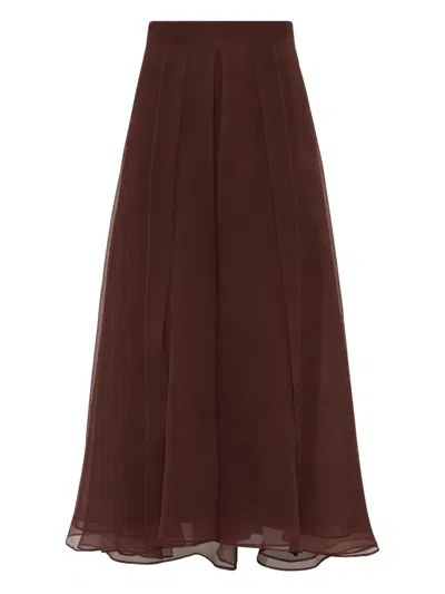 Brunello Cucinelli Flared Silk Skirt Sheer Overlay In Brown