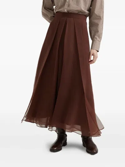 Brunello Cucinelli Flared Silk Skirt Sheer Overlay In Brown