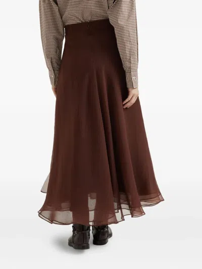 Brunello Cucinelli Flared Silk Skirt Sheer Overlay In Brown