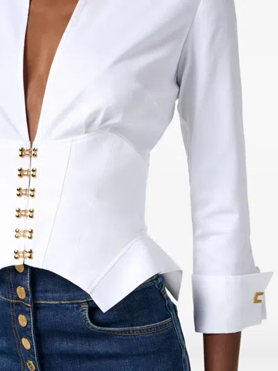 Elisabetta Franchi V-neck Long Sleeve Top With Gold Buttons In White