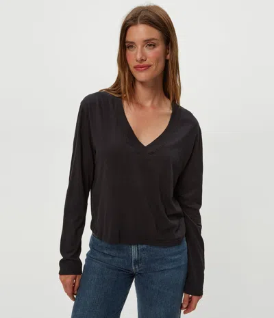 Michael Stars Brea Cropped Long Sleeve V-neck Tee In Black