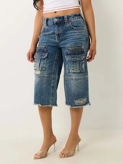 True Religion Bobbi Distressed Cargo Capri Jeans In Blue
