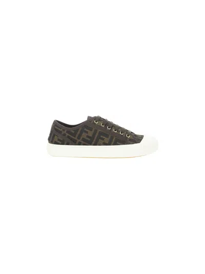 Fendi Low-top Sneakers With Monogram Pattern And Gold-tone Accents In Black