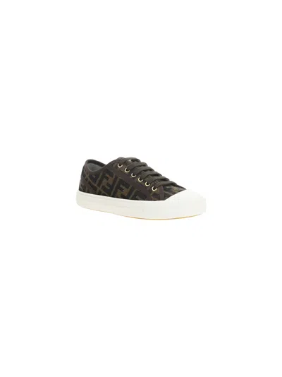 Fendi Low-top Sneakers With Monogram Pattern And Gold-tone Accents In Black