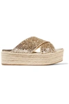 Miu Miu Glittered Leather Espadrille Platform Slides In Gold