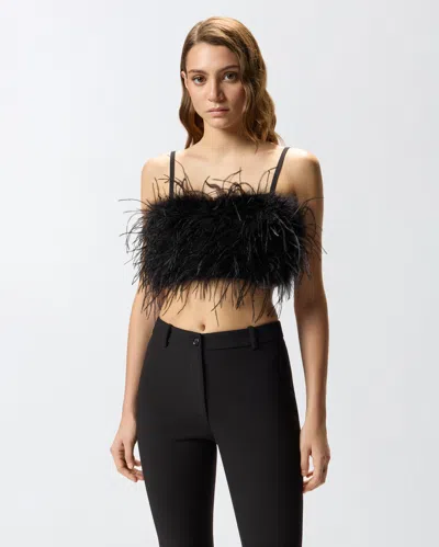 Pinko Crop Top With Feather Detailing In Black