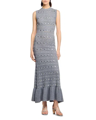 Sandro Womens Grey Studded Ruffled-hem Stretch Pointelle-knit Maxi Dress In Gray