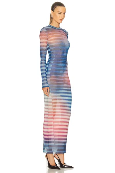 Jean Paul Gaultier Mesh Striped Bodycon Maxi Dress In Blue