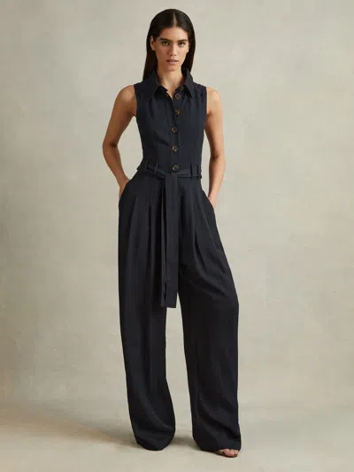 Reiss Navy Perla Belted Wide Leg Jumpsuit In Black