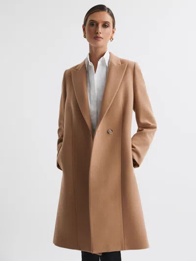 Reiss Camel Wool Blend Double Breasted Coat In Brown