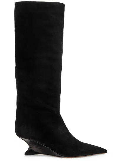 Paris Texas Pointed Toe Knee Length Suede Ankle Boots In Black