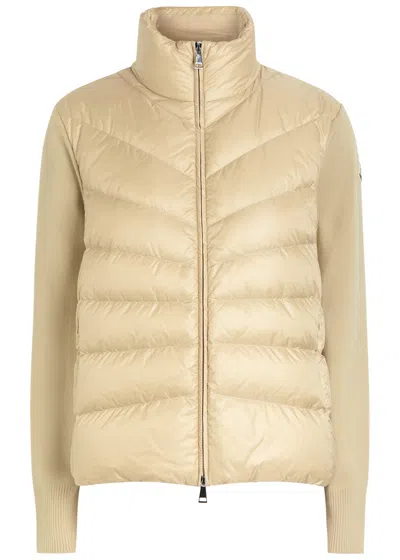 Moncler Quilted High Neck Two-material Cardigan With Feather Padding In Neutral
