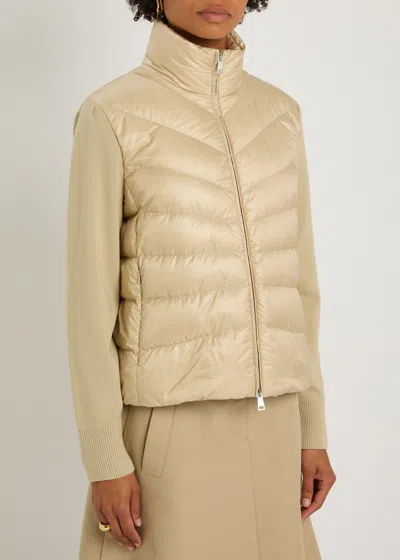 Moncler Quilted High Neck Two-material Cardigan With Feather Padding In Neutral