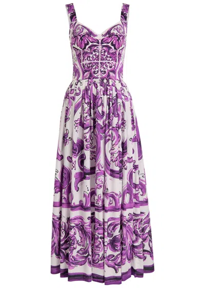 Dolce & Gabbana Long Poplin Dress With Majolica Print Dolce E Gabbana In Purple